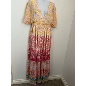 HOUSE OF HARLOW 1960 FLORAL PEACH MAXI DRESS RUFFLED TIERED METALLIC SIZ…